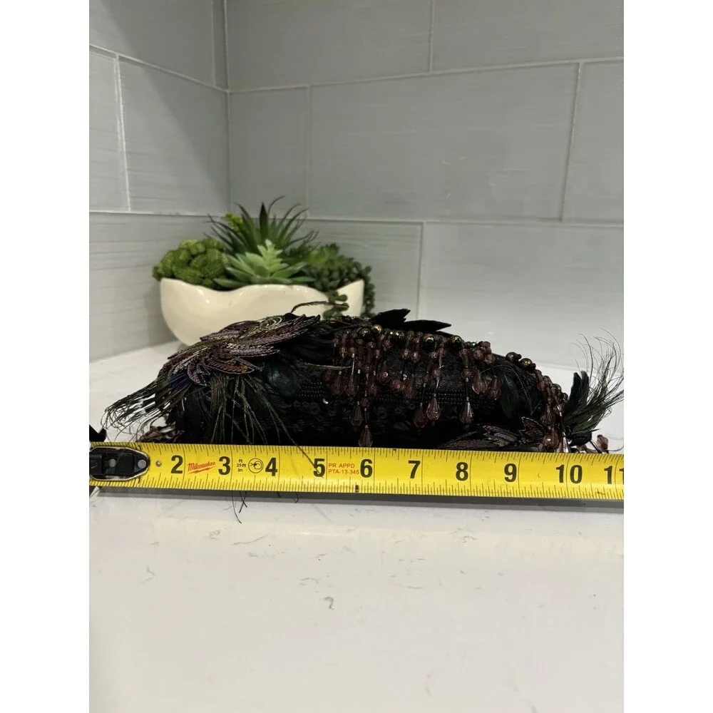 Chico's Vintage Beaded Peacock Feather Clutch Bag Sequin Fringe Y2KGlam BohoChic